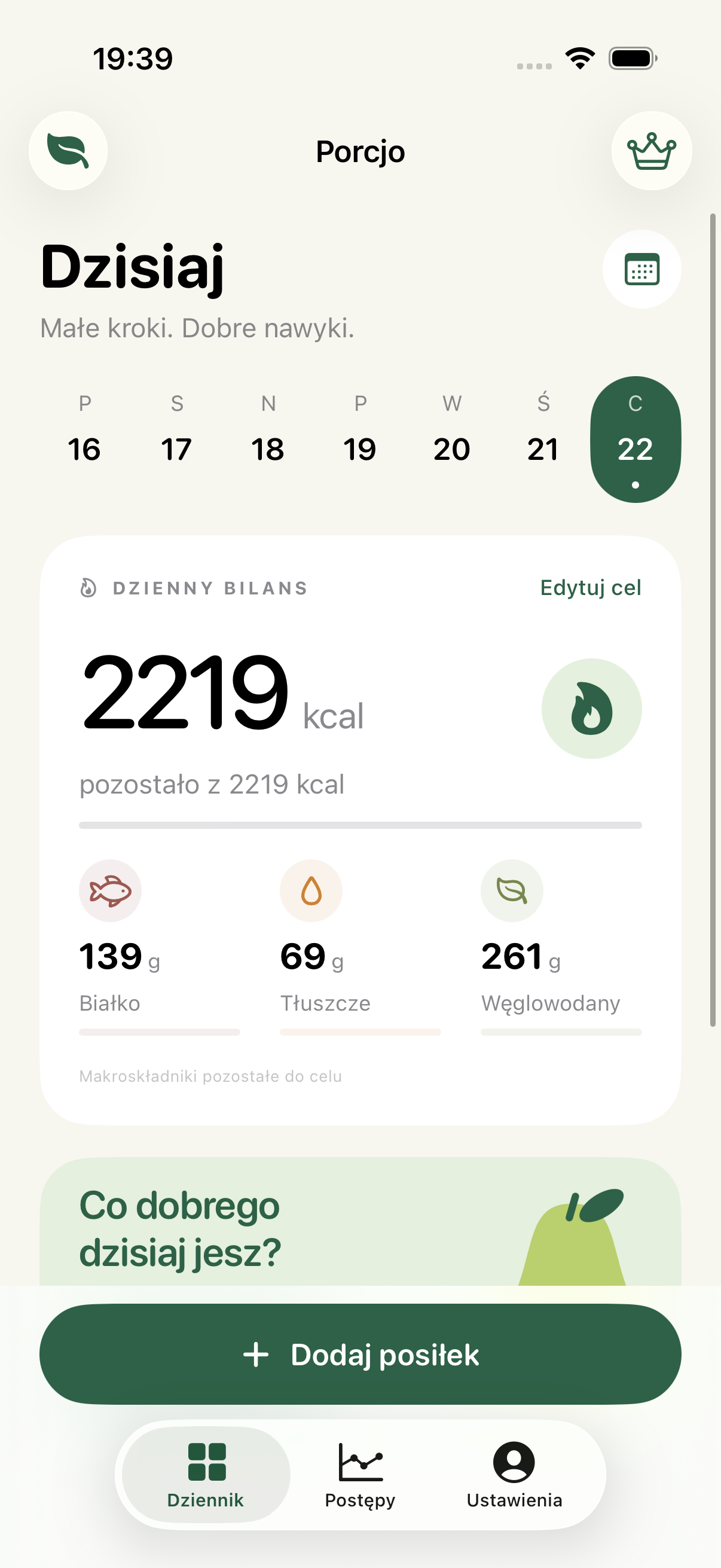 Prawdziwy ekran Porcjo: bilans kalorii i duży przycisk Dodaj posiłek